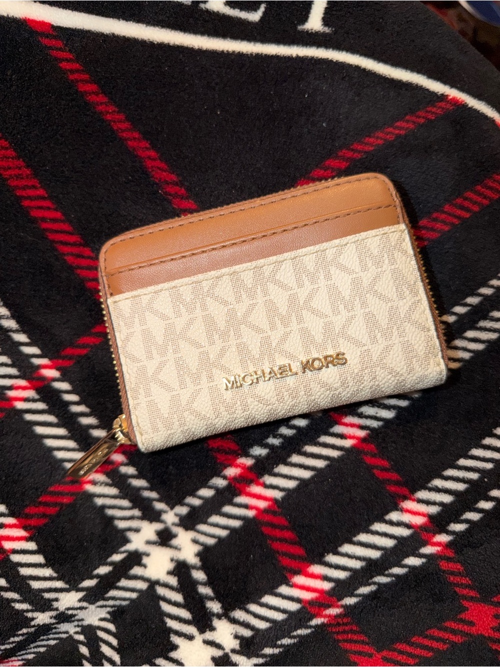 Michael Kors Cream and Brown Monogram Card Case with Gold Logo